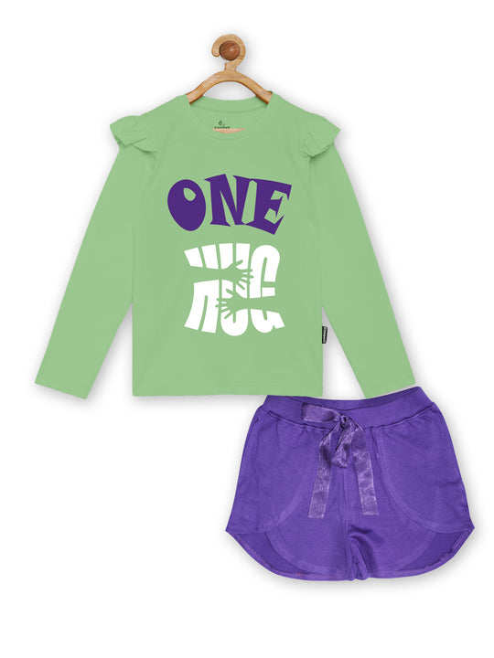 Girls Printed Full Sleeve Tee & Over Lap Shorts Set