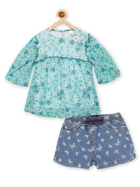 Girls Yoke & Armhole Gathered Frill Top & Printed Denim Hot Shorts Set