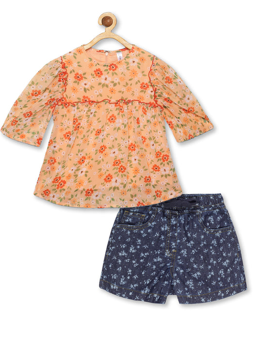 Girls Yoke & Armhole Gathered Frill Top & Printed Denim Hot Shorts Set