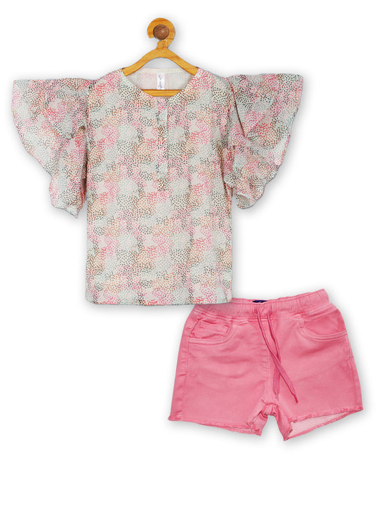 Girls Frill layered Sleeve Top & Over Dyed Denim Hot Shorts Set