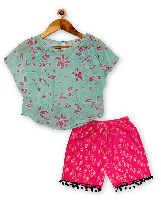 Girls Frill Shoulder Top  & AOP Print Shorts Set