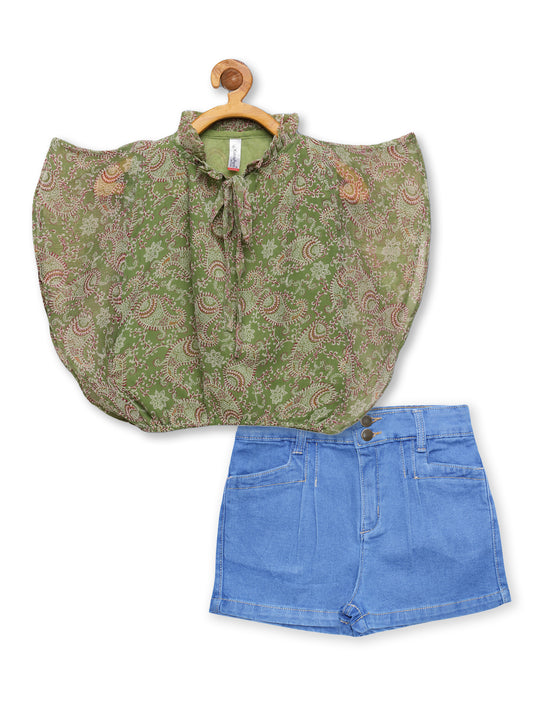 Girls Butterfly Sleeve Top With Neck Tie up  & Denim Hot Shorts Set