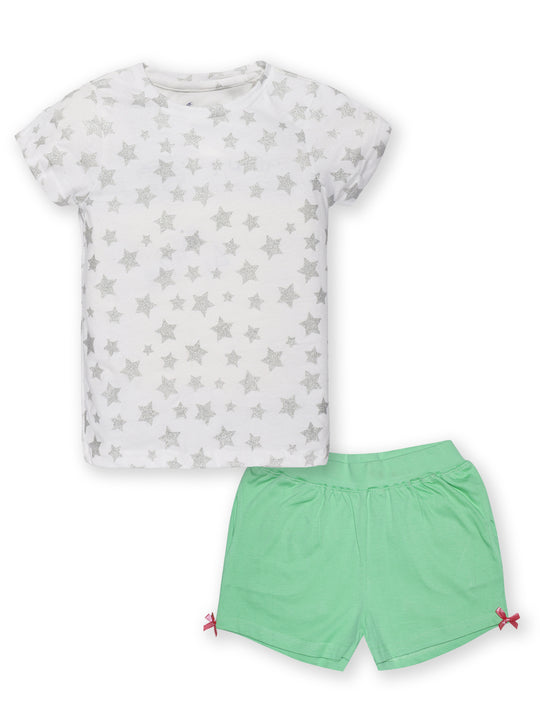 Girls Round Neck Half Sleeve AOP Tee & Hot Shorts With Back Pocket Set